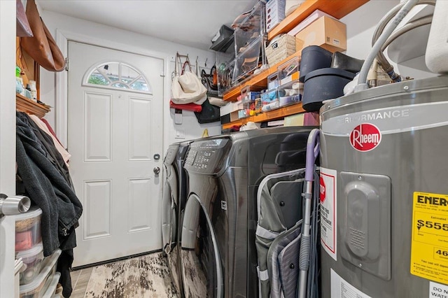 7 Pine Tree Dr, Shirley, NY 11967 - laundry room with washing machine and clothes dryer, electric water heater, and wood finished floors