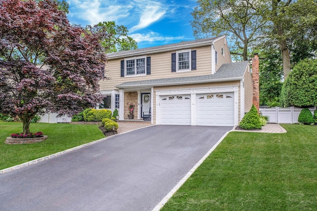 15 Format Ln, Smithtown, NY 11787 - traditional-style house featuring asphalt driveway, a garage, a chimney, and roof with shingles