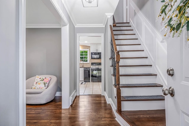 15 Format Ln, Smithtown, NY 11787 - stairs featuring a baseboard heating unit, crown molding, and wood finished floors