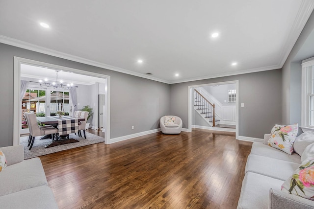 15 Format Ln, Smithtown, NY 11787 - living area with stairs, wood finished floors, a chandelier, crown molding, and recessed lighting