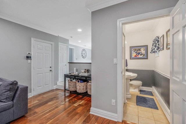 15 Format Ln, Smithtown, NY 11787 - hall with crown molding, wood finished floors, and recessed lighting