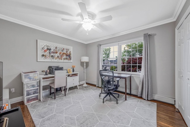 15 Format Ln, Smithtown, NY 11787 - home office with crown molding, a ceiling fan, wood finished floors, and baseboard heating