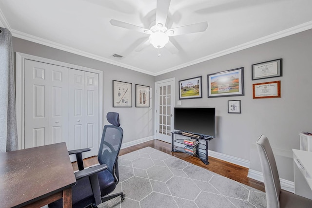 15 Format Ln, Smithtown, NY 11787 - home office with wood finished floors, a ceiling fan, crown molding, and french doors
