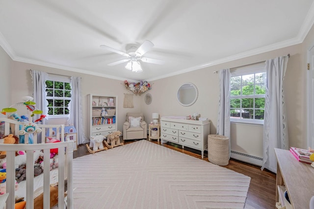 15 Format Ln, Smithtown, NY 11787 - bedroom featuring a baseboard radiator, crown molding, dark wood-style flooring, and ceiling fan