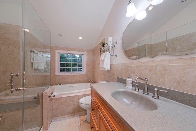 15 Format Ln, Smithtown, NY 11787 - full bathroom with lofted ceiling, a bath, a stall shower, vanity, and tile walls