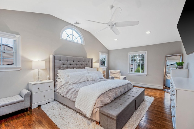 15 Format Ln, Smithtown, NY 11787 - bedroom featuring a baseboard radiator, vaulted ceiling, dark wood-type flooring, ceiling fan, and recessed lighting