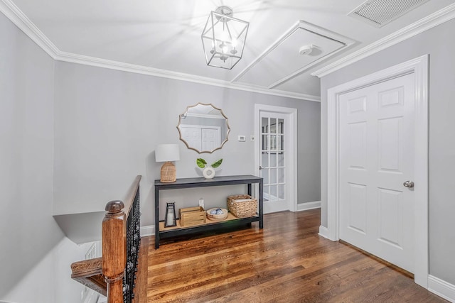 15 Format Ln, Smithtown, NY 11787 - hall featuring wood finished floors, a chandelier, and crown molding