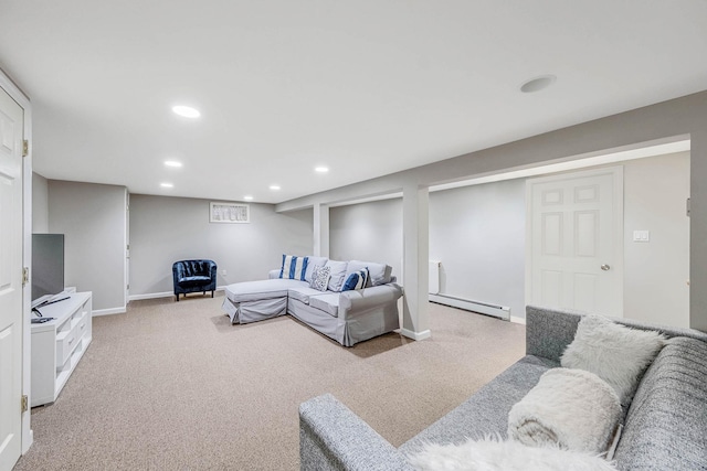 15 Format Ln, Smithtown, NY 11787 - living room featuring a baseboard heating unit, light carpet, and recessed lighting
