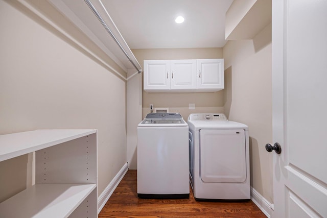 53 Pequot Ln, East Islip, NY 11730 - washroom with cabinet space, washing machine and dryer, dark wood-style flooring, and recessed lighting
