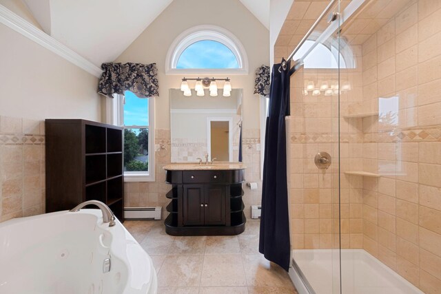 53 Pequot Ln, East Islip, NY 11730 - full bath with tile walls, baseboard heating, a shower stall, a jetted tub, and lofted ceiling