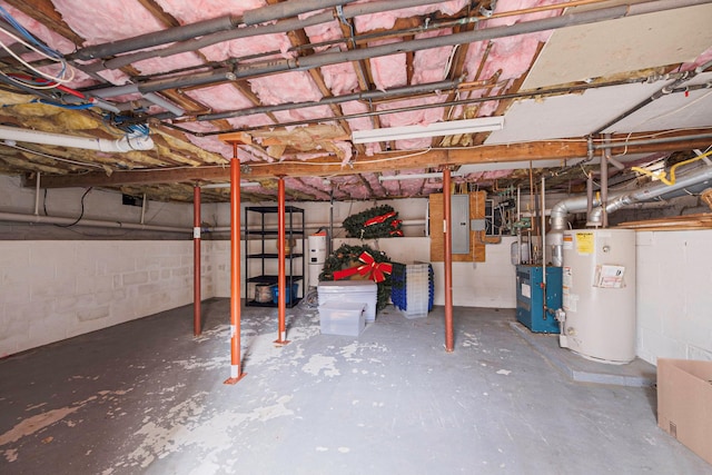 53 Pequot Ln, East Islip, NY 11730 - unfinished below grade area with gas water heater, concrete block wall, a heating unit, and electric panel