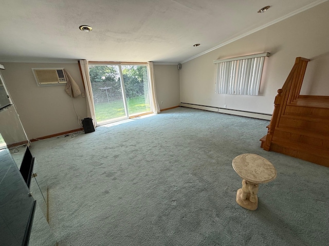 109 Nassau Dr, Albertson, NY 11507 - unfurnished living room featuring a baseboard radiator, carpet floors, crown molding, a wall unit AC, and lofted ceiling