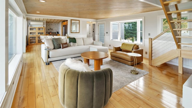 12910 Main Rd, East Marion, NY 11939 - living room with wood ceiling, light wood-type flooring, stairway, and recessed lighting