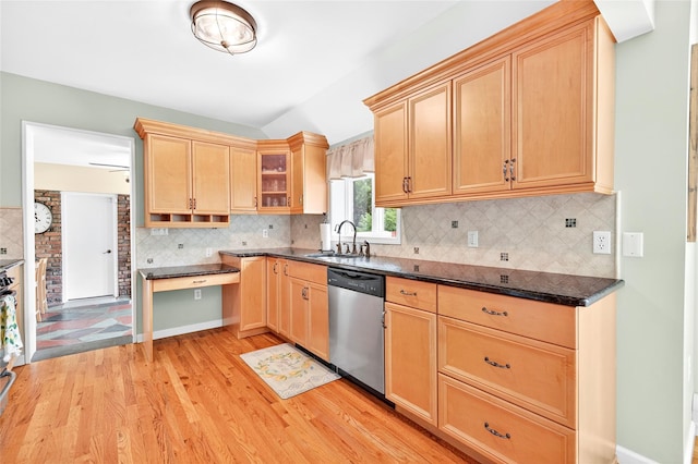 85 Jay St, Stony Point, NY 10980 - kitchen with dishwasher, light wood-style flooring, light brown cabinetry, backsplash, and dark countertops