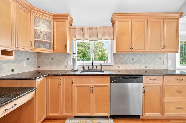 85 Jay St, Stony Point, NY 10980 - kitchen with dishwasher, dark stone countertops, glass insert cabinets, and tasteful backsplash