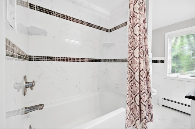 85 Jay St, Stony Point, NY 10980 - full bathroom featuring a baseboard heating unit, shower / bathtub combination with curtain, marble finish flooring, tile walls, and a wainscoted wall