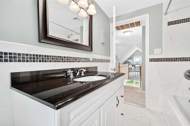 85 Jay St, Stony Point, NY 10980 - bathroom with vanity, marble finish flooring, and shower / bath combination