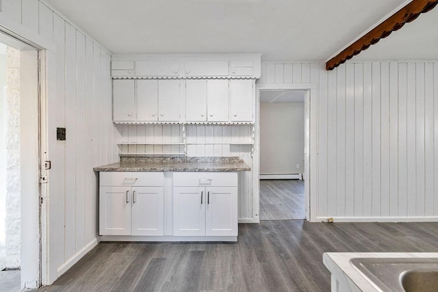 33 N Rte 303, Congers, NY 10920 - kitchen featuring a baseboard radiator, dark wood-style floors, white cabinetry, and wood walls