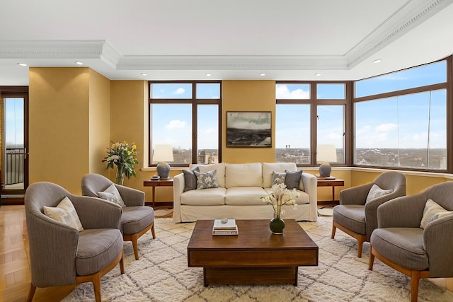 11201 Queens Blvd Unit 10B, Forest Hills, NY 11375 - living room featuring ornamental molding, recessed lighting, and a raised ceiling