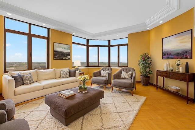 11201 Queens Blvd Unit 10B, Forest Hills, NY 11375 - living area with ornamental molding, a raised ceiling, and recessed lighting