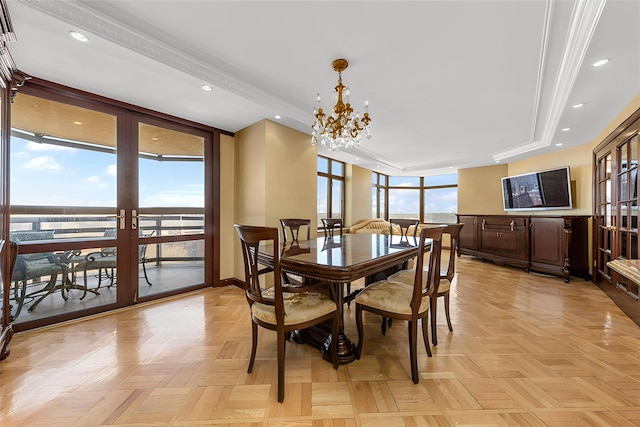 11201 Queens Blvd Unit 10B, Forest Hills, NY 11375 - dining space featuring a tray ceiling, recessed lighting, a chandelier, and crown molding