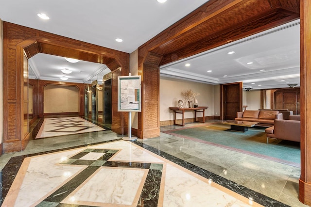 11201 Queens Blvd Unit 10B, Forest Hills, NY 11375 - building lobby featuring recessed lighting and crown molding