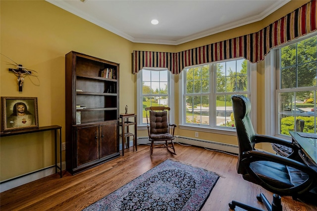 26 Sesame St, Kings Park, NY 11754 - office area featuring ornamental molding, plenty of natural light, and wood finished floors