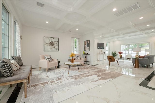 52 Cortland Ave, Hicksville, NY 11801 - living room with coffered ceiling, recessed lighting, marble tiled floors, beamed ceiling, and crown molding