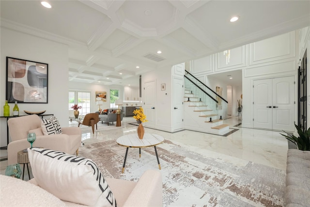 52 Cortland Ave, Hicksville, NY 11801 - living room with light marble finish floors, stairs, coffered ceiling, recessed lighting, and beam ceiling