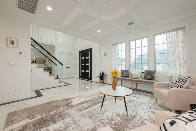 52 Cortland Ave, Hicksville, NY 11801 - living room featuring marble tiled floors, crown molding, coffered ceiling, recessed lighting, and stairs