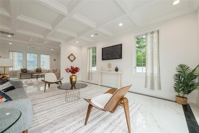 52 Cortland Ave, Hicksville, NY 11801 - living room featuring marble tiled flooring, healthy amount of natural light, coffered ceiling, recessed lighting, and beam ceiling