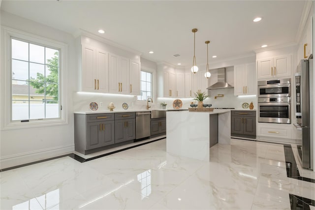 52 Cortland Ave, Hicksville, NY 11801 - kitchen with stainless steel appliances, wall chimney range hood, gray cabinetry, light marble finish floors, and recessed lighting