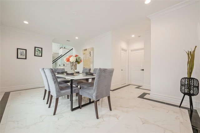 52 Cortland Ave, Hicksville, NY 11801 - dining space featuring light marble finish flooring, recessed lighting, crown molding, and stairs