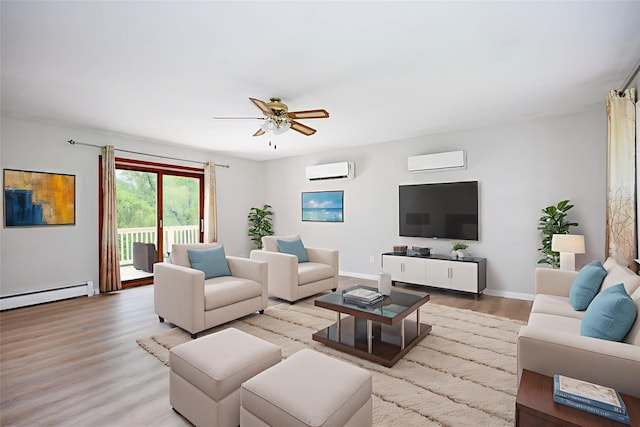 16 Bushwick Rd, Poughkeepsie, NY 12603 - living room featuring a wall unit AC, a baseboard radiator, wood finished floors, and a ceiling fan