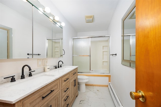 16 Bushwick Rd, Poughkeepsie, NY 12603 - bathroom featuring marble finish floors, baseboard heating, double vanity, and shower / bath combination with glass door