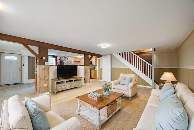 16 Bushwick Rd, Poughkeepsie, NY 12603 - living area featuring stairs, light wood-type flooring, wainscoting, and wood walls