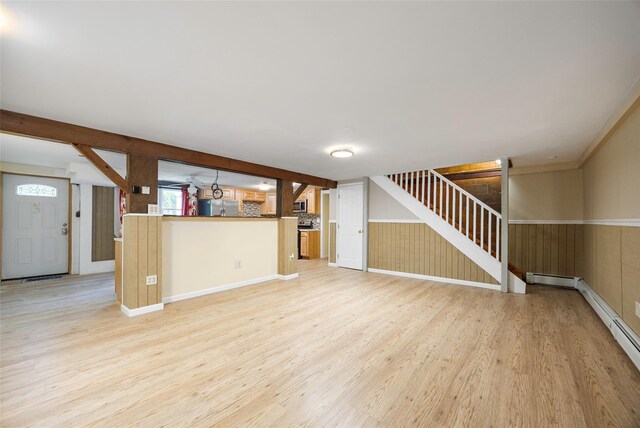 16 Bushwick Rd, Poughkeepsie, NY 12603 - unfurnished living room featuring stairway, light wood finished floors, wainscoting, and a baseboard radiator