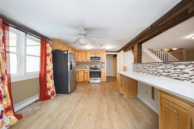 16 Bushwick Rd, Poughkeepsie, NY 12603 - kitchen featuring appliances with stainless steel finishes, baseboard heating, light wood-style flooring, backsplash, and ceiling fan