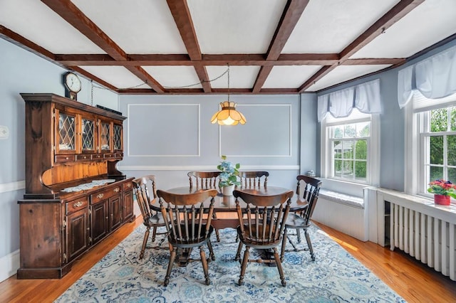 29 E St, Hicksville, NY 11801 - dining area with coffered ceiling, beam ceiling, and light wood-type flooring