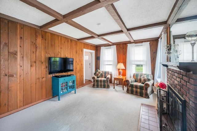 29 E St, Hicksville, NY 11801 - carpeted living room with wooden walls, a brick fireplace, beam ceiling, and coffered ceiling
