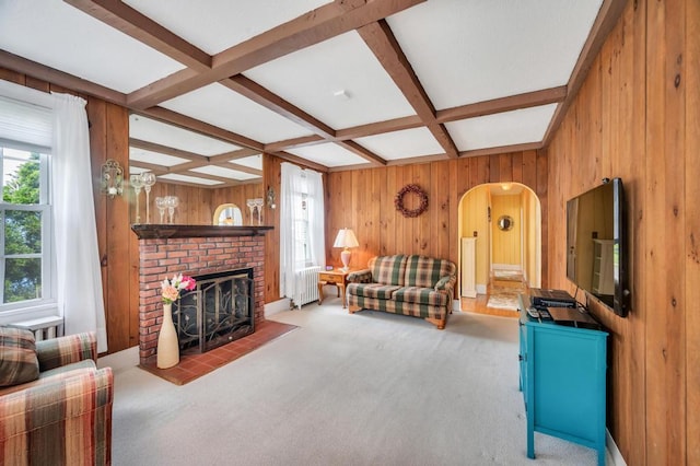 29 E St, Hicksville, NY 11801 - living area with plenty of natural light, radiator heating unit, wood walls, beamed ceiling, and a fireplace