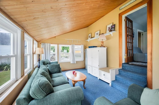 29 E St, Hicksville, NY 11801 - carpeted living room with wooden ceiling, lofted ceiling, and stairway