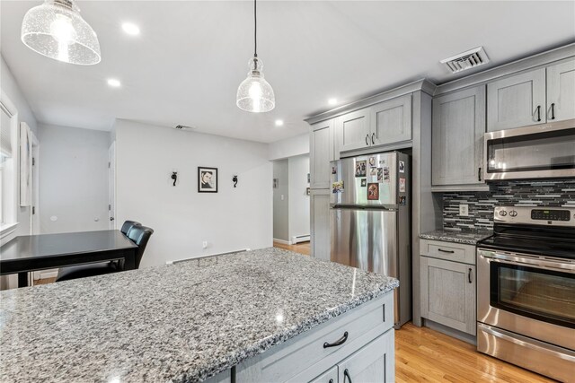 185 Carlton Dr E, Shirley, NY 11967 - kitchen with appliances with stainless steel finishes, gray cabinetry, tasteful backsplash, recessed lighting, and light stone counters