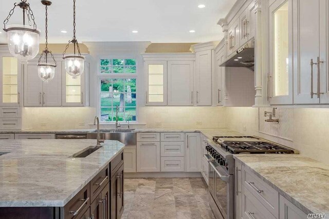 19 Meadow Glen Rd, Fort Salonga, NY 11768 - kitchen with high end stainless steel range, under cabinet range hood, glass insert cabinets, light stone countertops, and recessed lighting