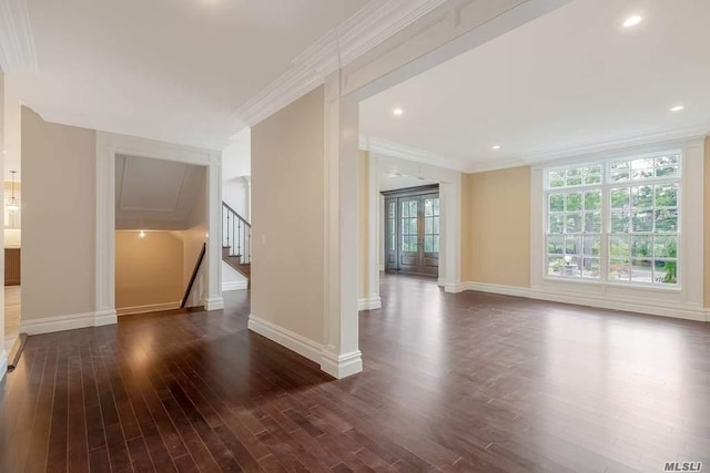 19 Meadow Glen Rd, Fort Salonga, NY 11768 - unfurnished room featuring healthy amount of natural light, dark wood-style floors, stairs, ornamental molding, and recessed lighting