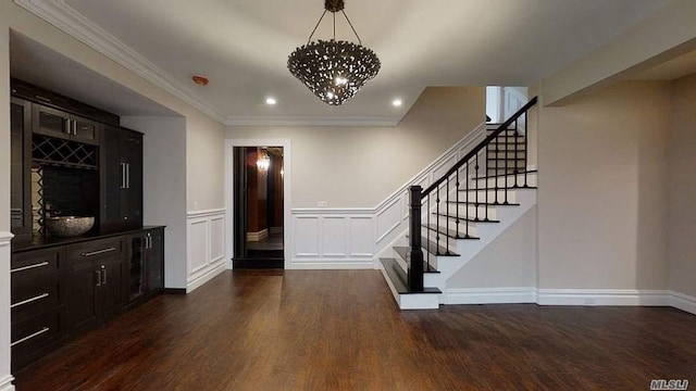 19 Meadow Glen Rd, Fort Salonga, NY 11768 - foyer with stairs, dark wood-style flooring, a chandelier, crown molding, and recessed lighting