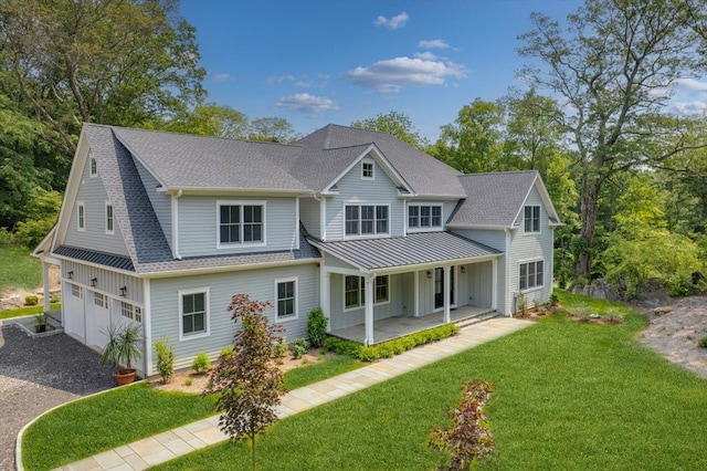 63 Buckout Rd, West Harrison, NY 10604 - view of front of property with gravel driveway, an attached garage, a porch, and roof with shingles