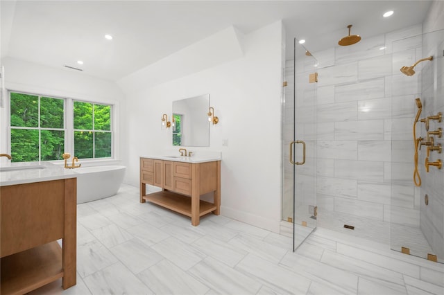 63 Buckout Rd, West Harrison, NY 10604 - bathroom featuring a stall shower, vanity, a freestanding tub, and recessed lighting
