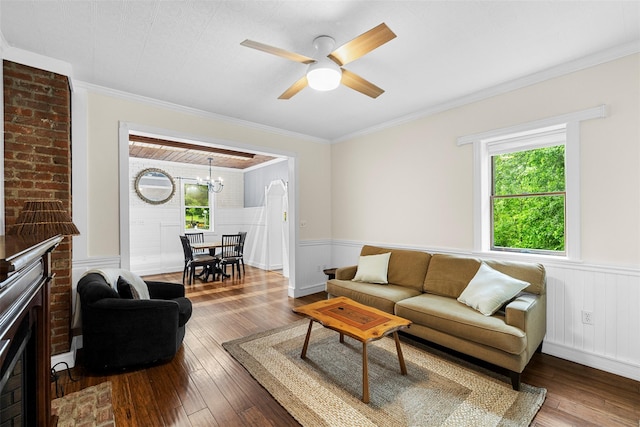 342-344 Van Wagner Rd, Poughkeepsie, NY 12603 - living area featuring a wainscoted wall, a chandelier, hardwood / wood-style floors, ceiling fan, and crown molding