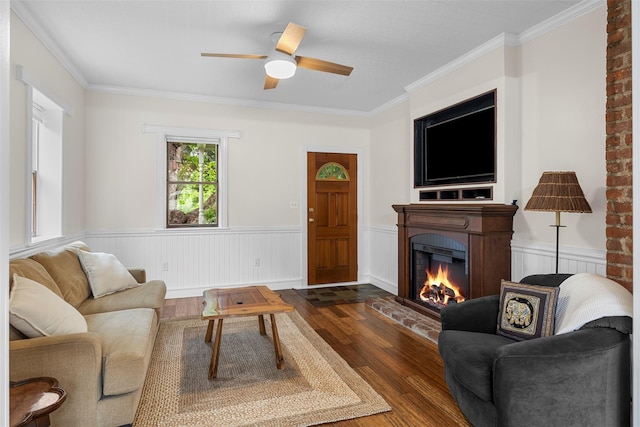 342-344 Van Wagner Rd, Poughkeepsie, NY 12603 - living area featuring hardwood / wood-style flooring, a fireplace, ceiling fan, wainscoting, and ornamental molding